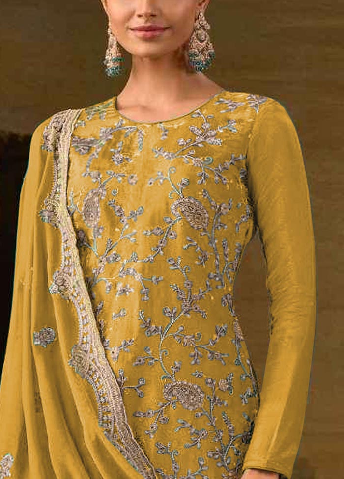 3 Pc Yellow Semi Stitched Silk Suit Set Discount Supply