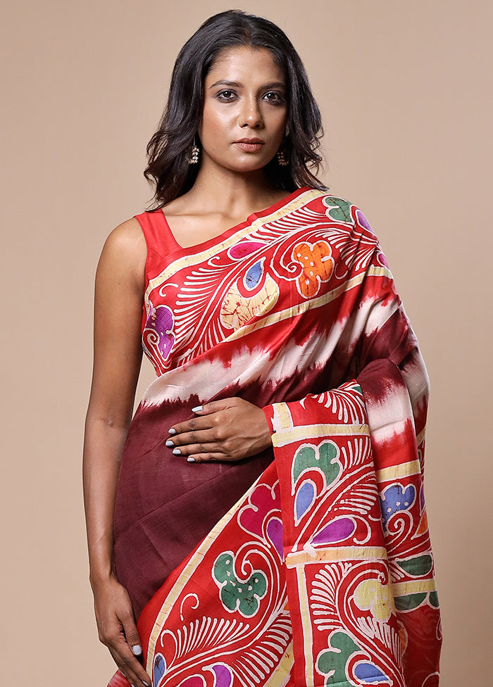 Maroon Printed Pure Silk Saree Without Blouse Piece Sale 2025 New