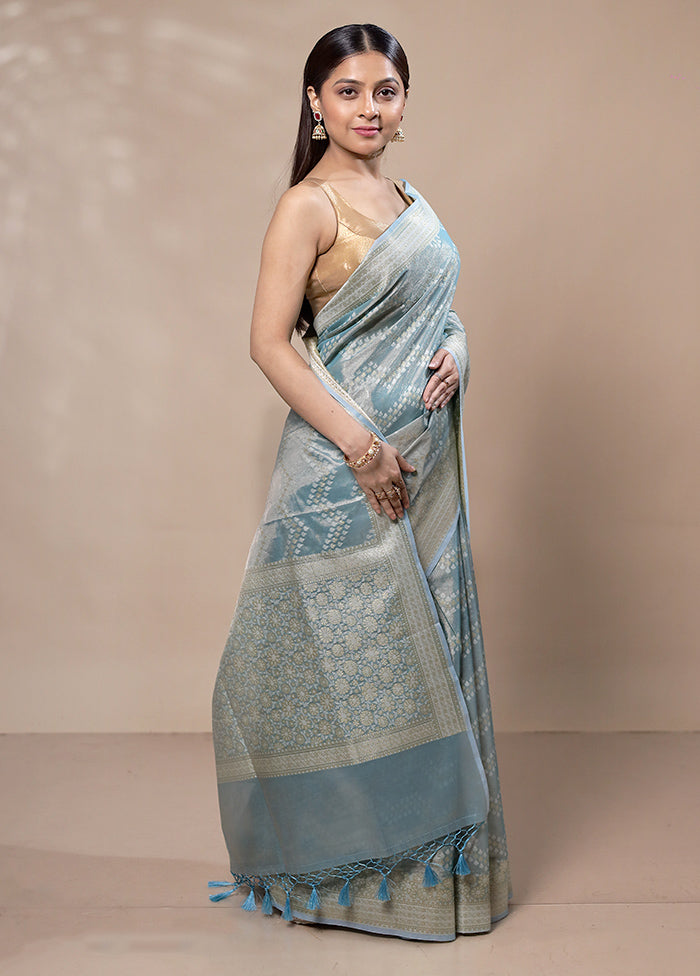 Blue Tissue Silk Saree With Blouse Piece Outlet Genuine