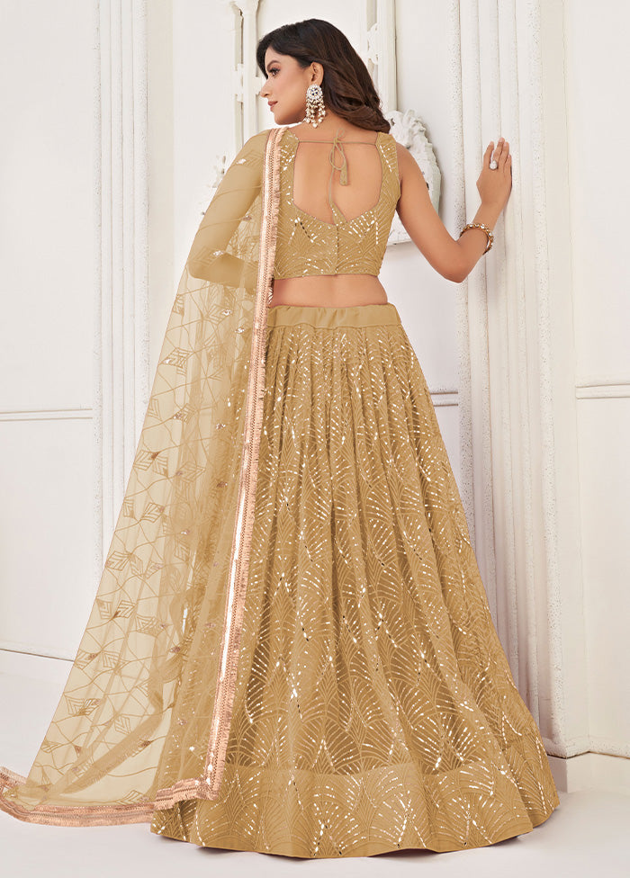 3 Pc Beige Net Semi Stitched Lehenga Set Cheap Sale Supply