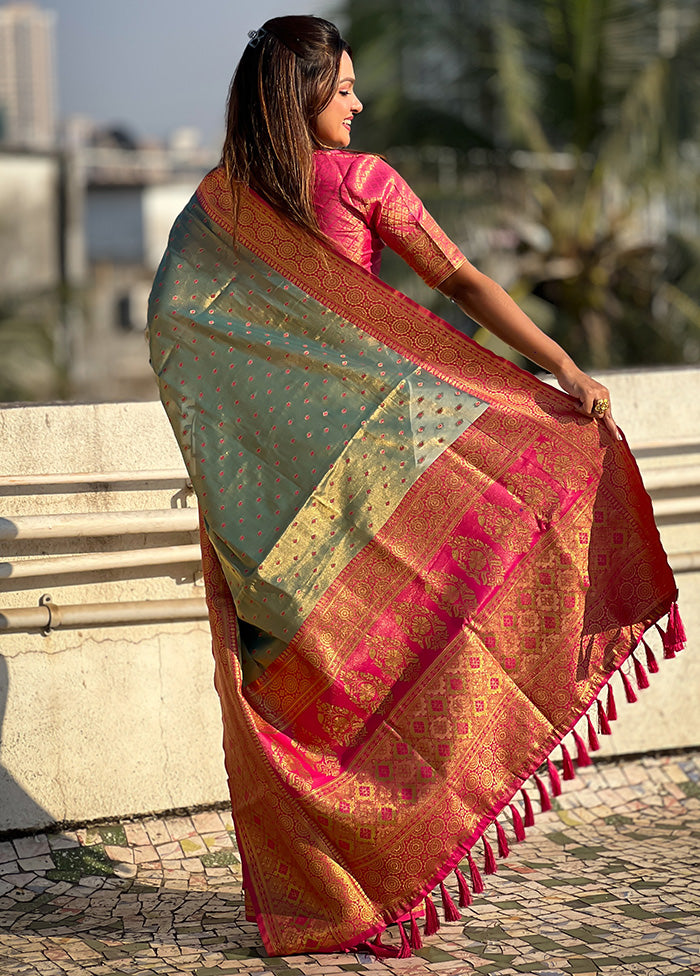 Green Spun Silk Saree With Blouse Piece Cheap Real Authentic