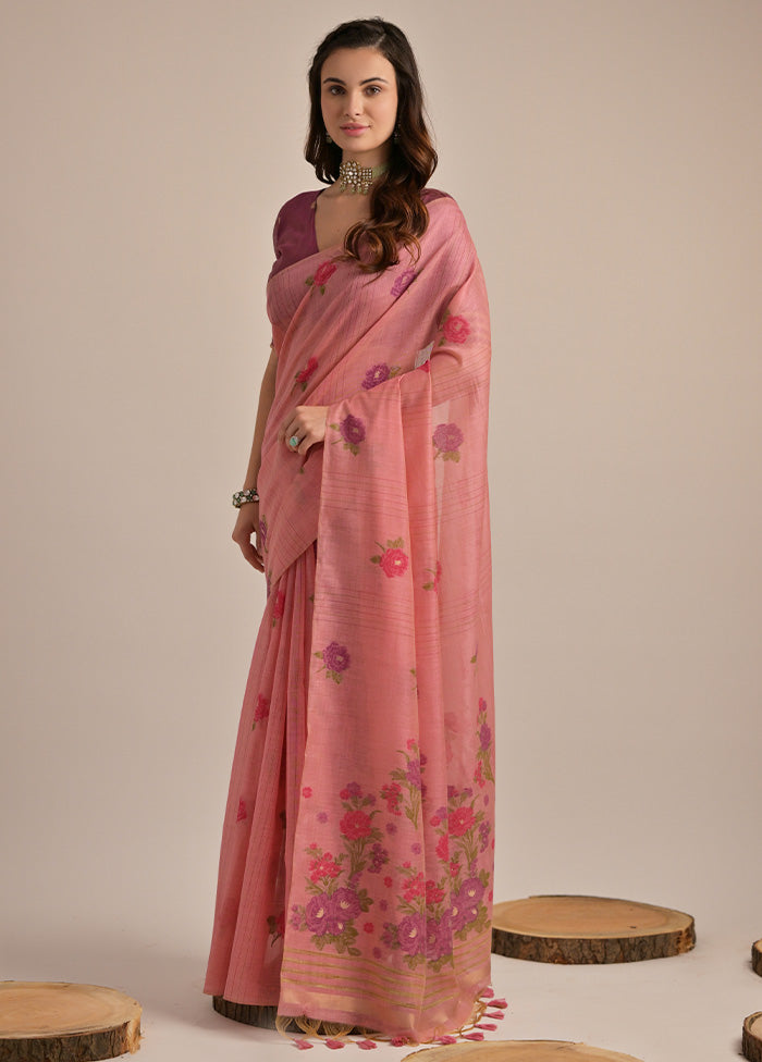 Pink Pure Cotton Saree With Blouse Piece Classic