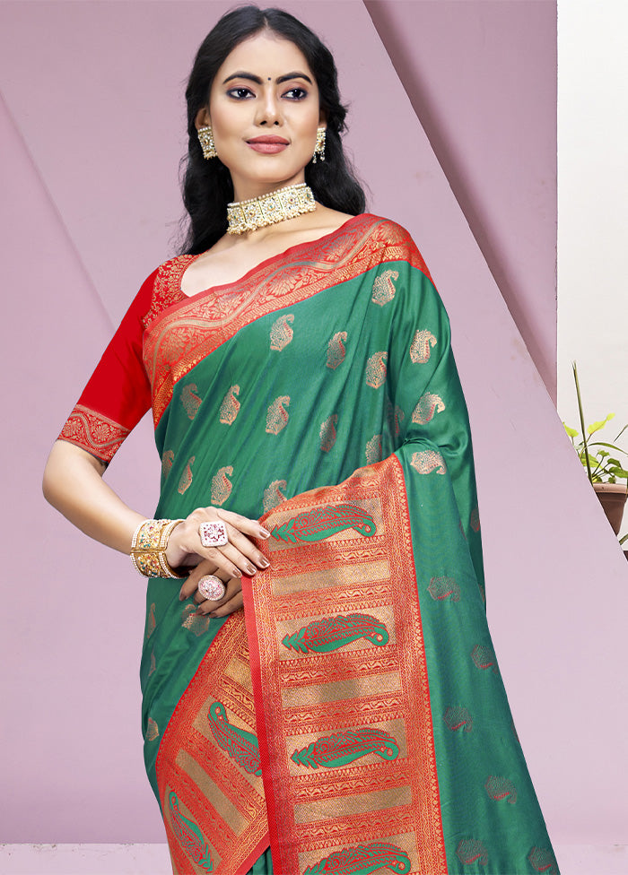 Green Dupion Silk Saree With Blouse Piece Cheap Sale Footlocker Pictures