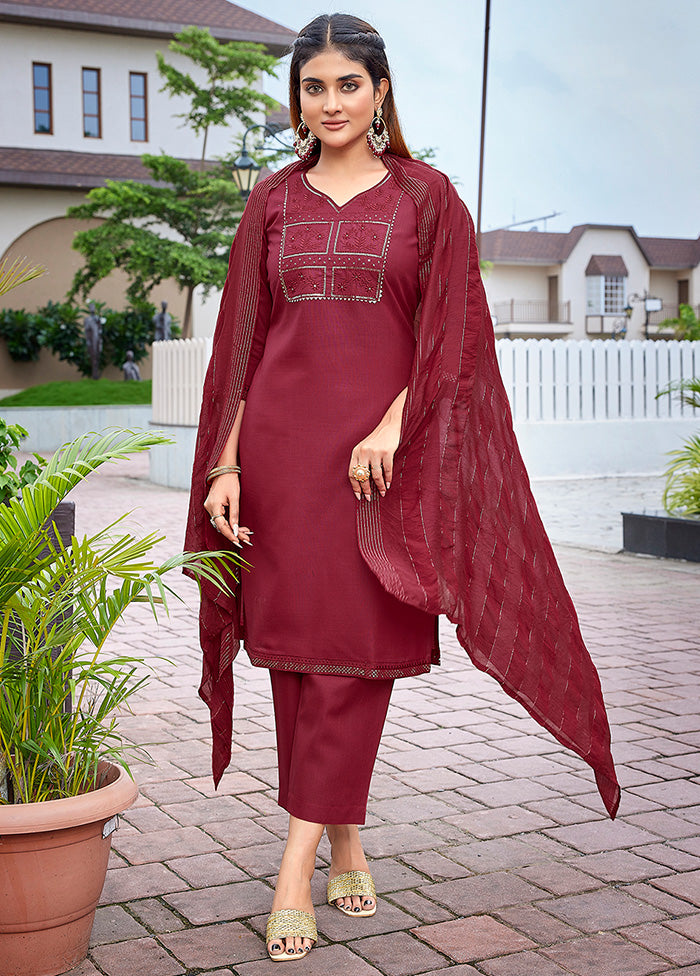 3 Pc Maroon Readymade Cotton Suit Set 100% Guaranteed