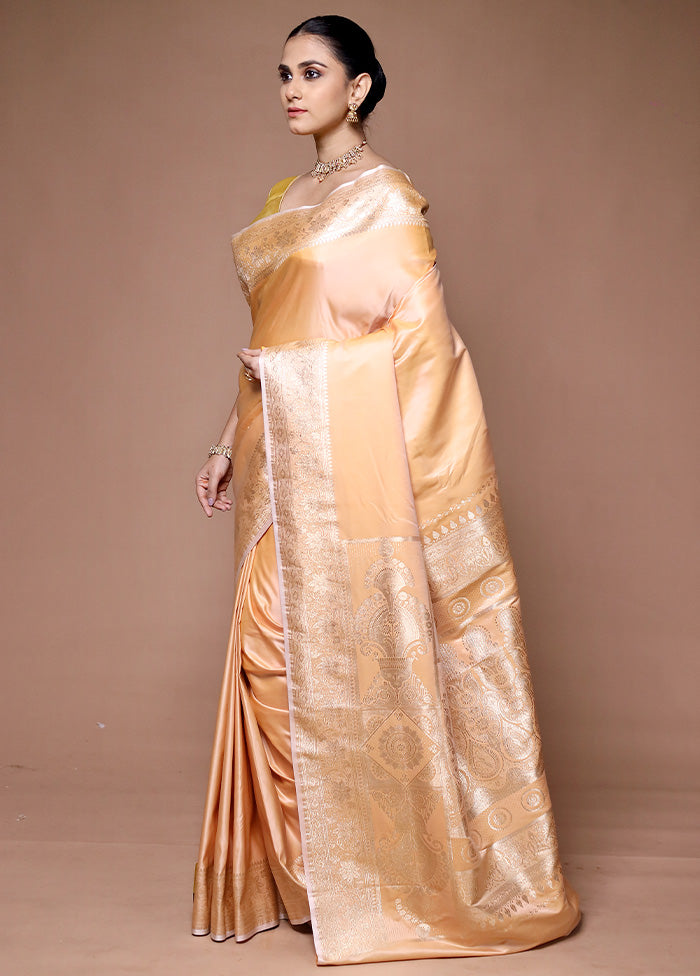 Peach Banarasi Silk Saree With Blouse Piece Sale Cheap Pice