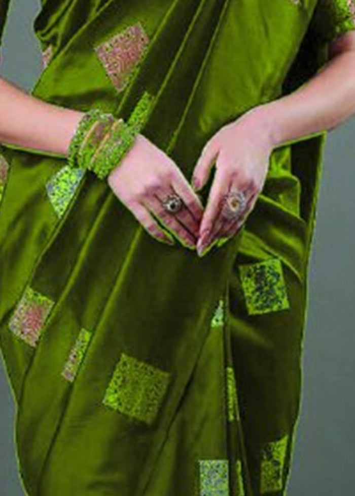 Mehendi Green Banarasi Silk Saree With Blouse Piece Free Shipping Original