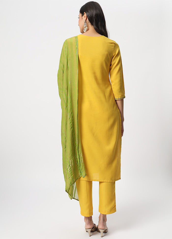 3 Pc Yellow Readymade Cotton Dupatta Suit Set Professional Online