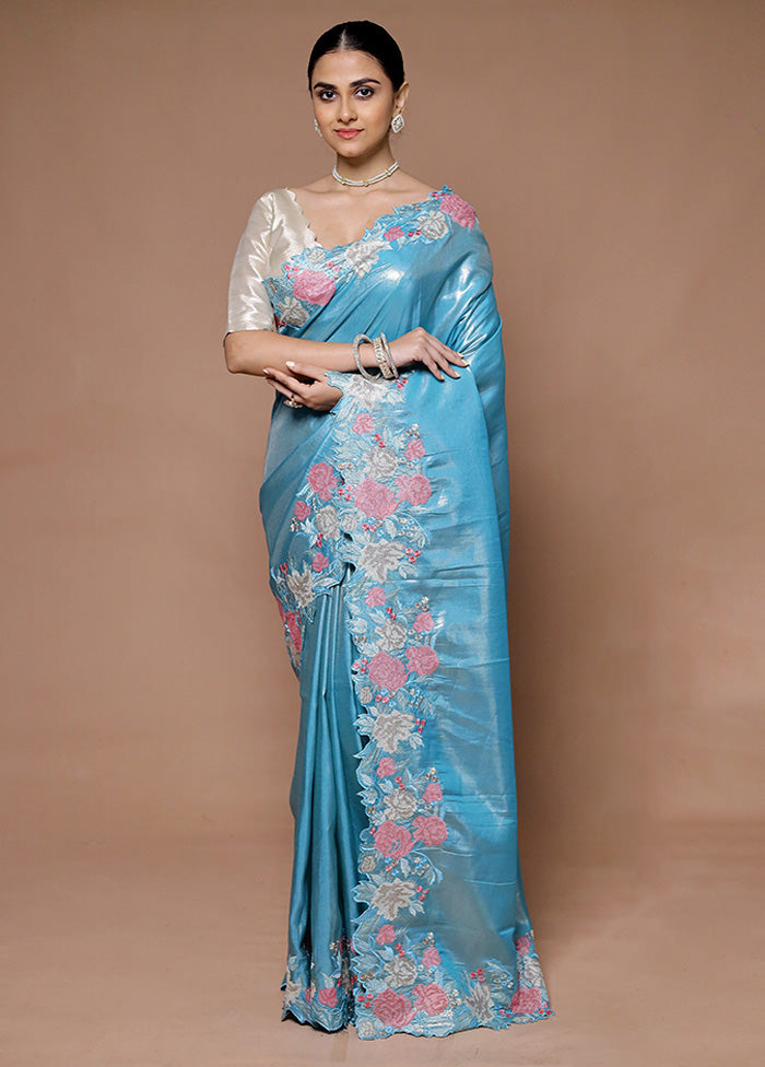 Blue Tissue Silk Saree With Blouse Piece Pay With Visa Cheap Online