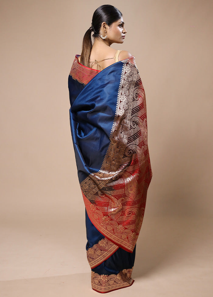 Blue Banarasi Silk Saree With Blouse Piece Best Sale Cheap Pice