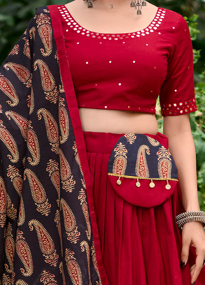 3 Pc Maroon Pure Cotton Semi Stitched Lehenga Set Buy Cheap Best