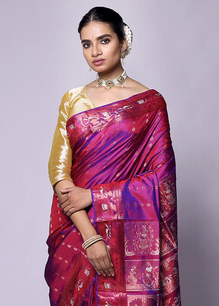 Purple Handloom Baluchari Pure Silk Saree With Blouse Piece Fashionable Online