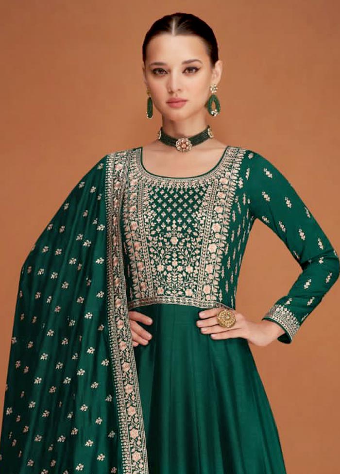 3 Pc Green Semi Stitched Silk Suit Set Huge Surprise Cheap Online