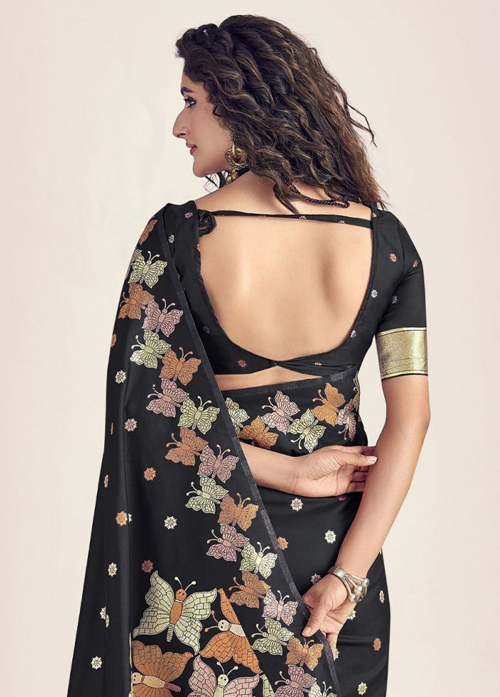 Black Spun Silk Saree With Blouse Piece Shop Sale Online