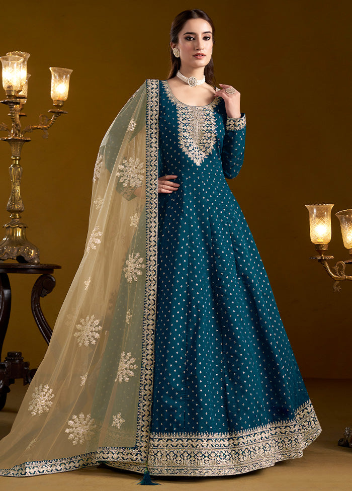 3 Pc Teal Semi Stitched Chanderi Suit Set New Online