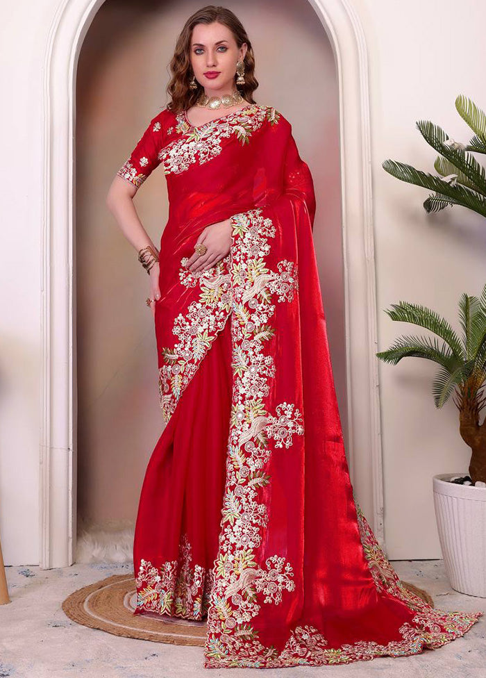 Red Spun Silk Saree With Blouse Piece Outlet Original