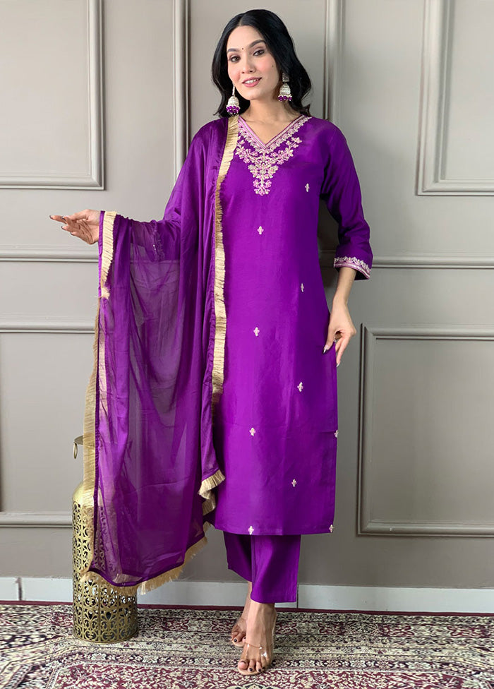 3 Pc Violet Readymade Viscose Suit Set Discount 2025 New