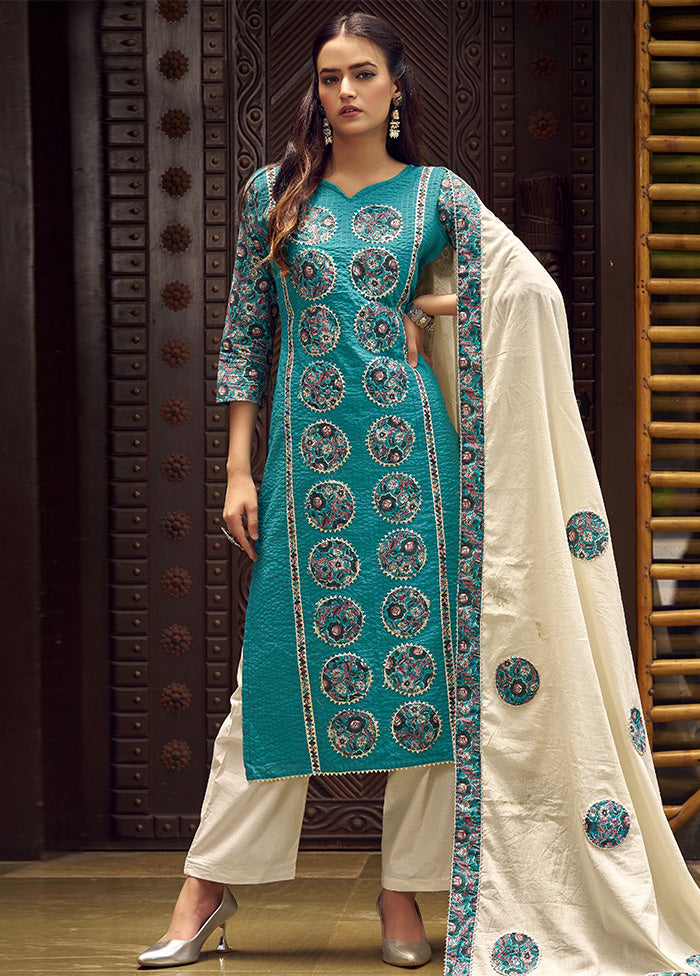 3 Pc Teal Pure Semi Stitched Cotton Dupatta Suit Set Clearance Footlocker Finishline