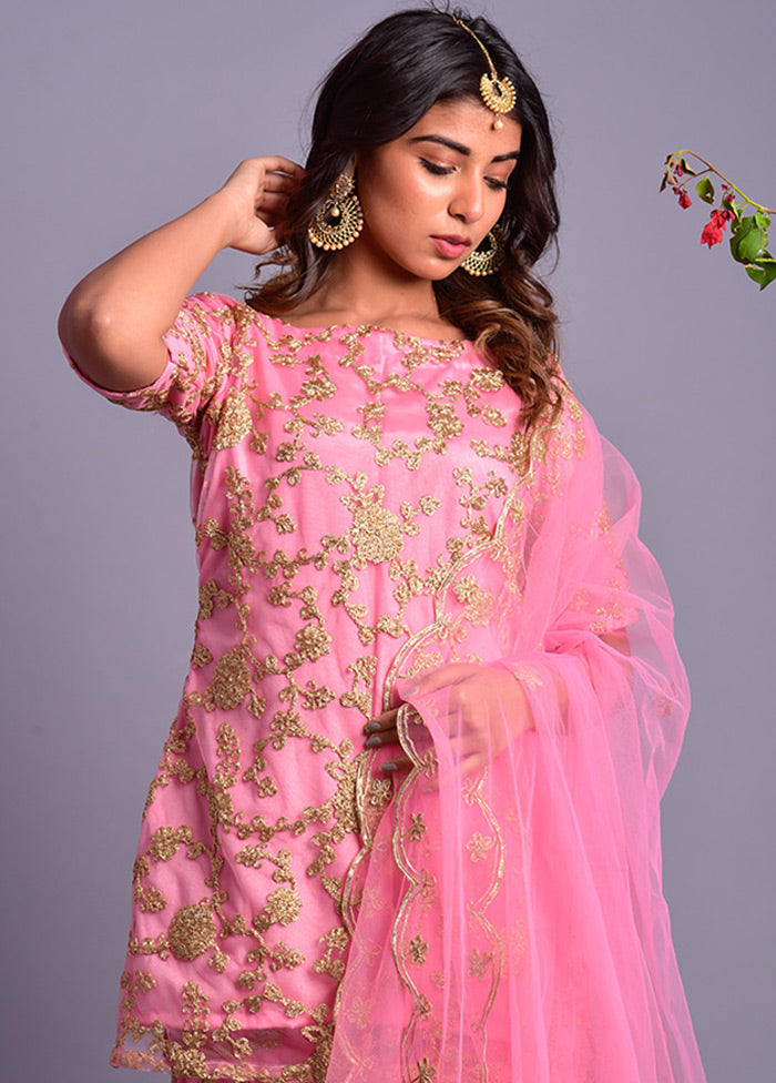 3 Pc Pink Net Sharara Suit Set With Dupatta Online Sale