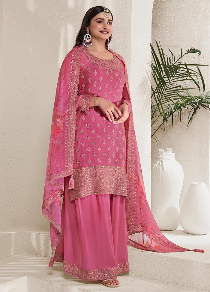 3 Pc Pink Semi Stitched Viscose Suit Set Discount Authentic