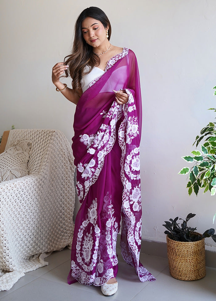 Purple Organza Saree With Blouse Piece Clearance Exclusive