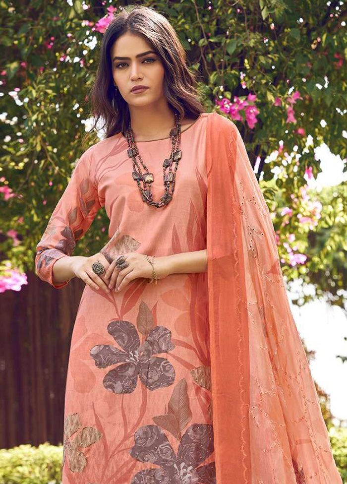 3 Pc Peach Semi Stitched Silk Dupatta Suit Set Best Pices