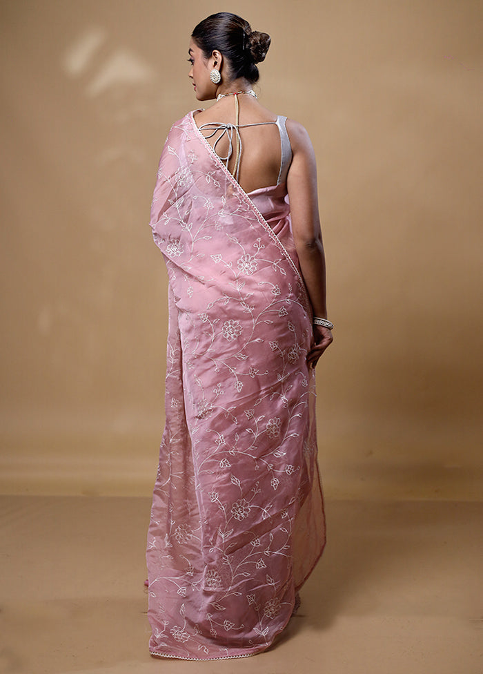 Pink Organza Saree With Blouse Piece Clearance Free Shipping