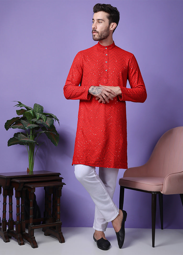 2 Pc Red Silk Kurta Pajama Set Cost For Sale