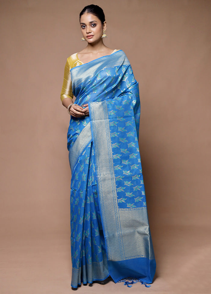 Blue Kora Silk Saree With Blouse Piece Amazon Sale Online