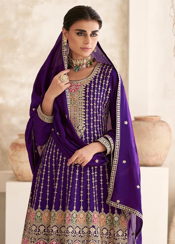 3 Pc Purple Semi Stitched Silk Suit Set Sale Popular