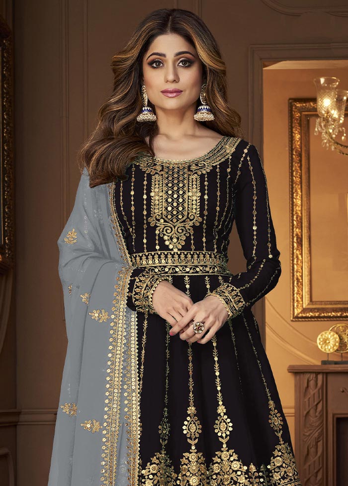 3 Pc Black Semi Stitched Georgette Suit Set Store Online