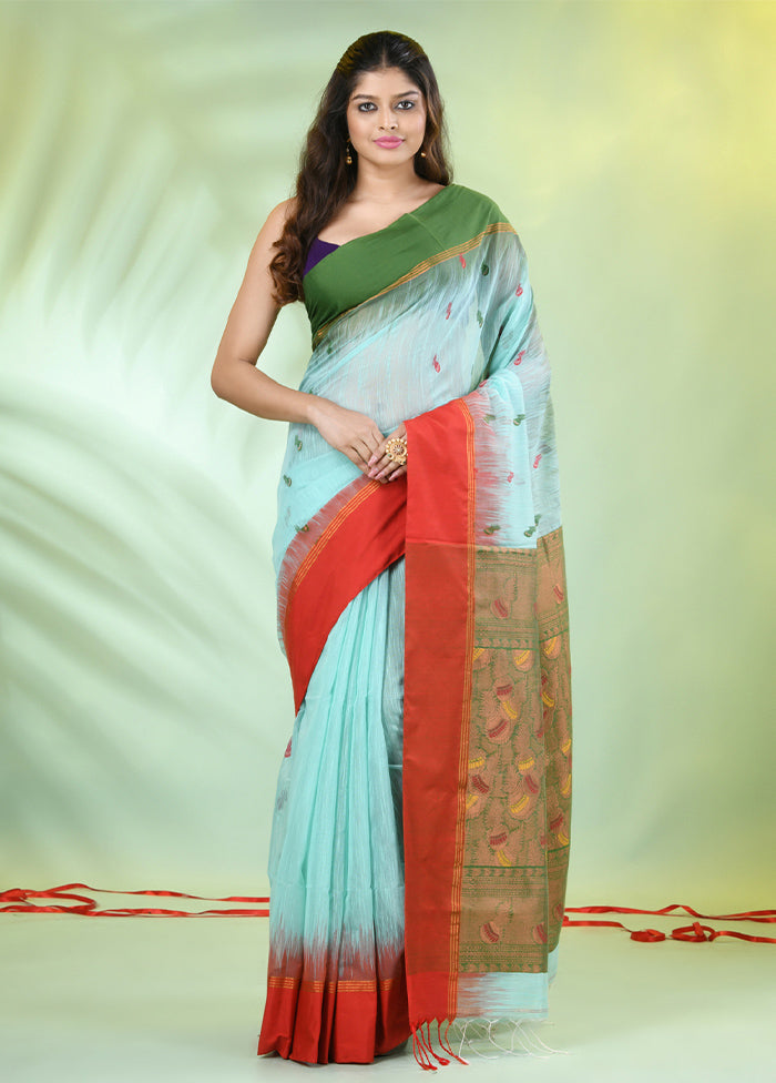 Sea Green Pure Cotton Saree With Blouse Piece With Paypal Sale Online