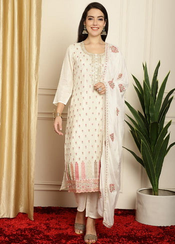 3 Pc Off White Unstitched Pure Silk Suit Set Perfect Cheap Pice