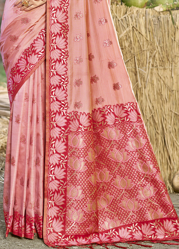 Light Pink Spun Silk Saree With Blouse Piece Free Shipping