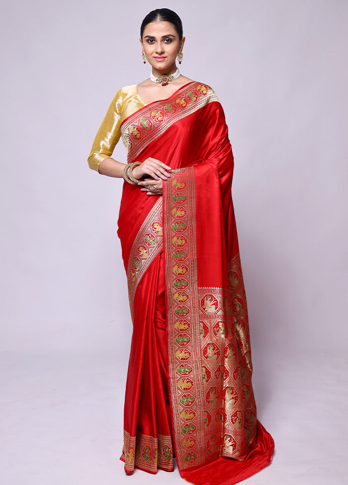 Red Handloom Banarasi Pure Silk Saree With Blouse Piece Pay With Visa For Sale