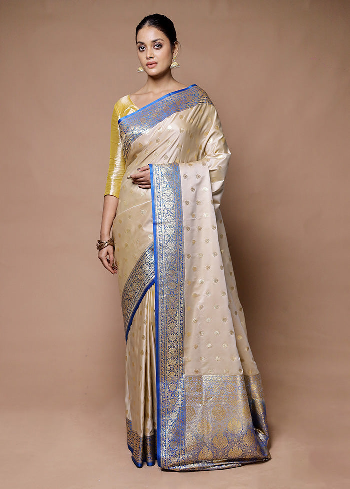 Cream Banarasi Silk Saree With Blouse Piece Authentic For Sale