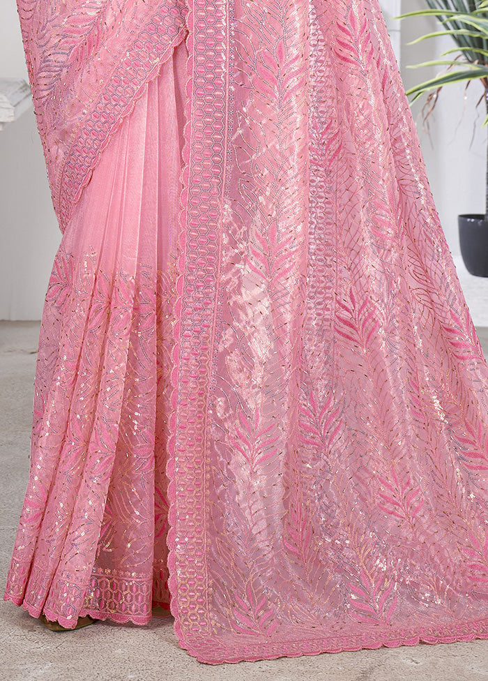 Pink Net Net Saree With Blouse Piece Clearance Original