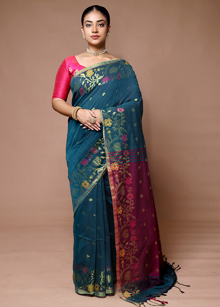 Blue Khadi Cotton Saree With Blouse Piece With Credit Card Cheap Online