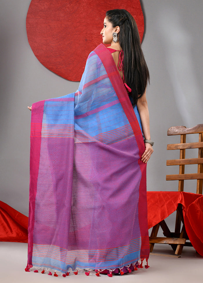 Sky Blue Cotton Saree With Blouse Piece For Sale Free Shipping