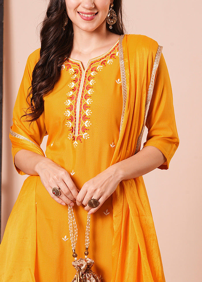 3 Pc Orange Readymade Rayon Dupatta Suit Set Explore Cheap Pice