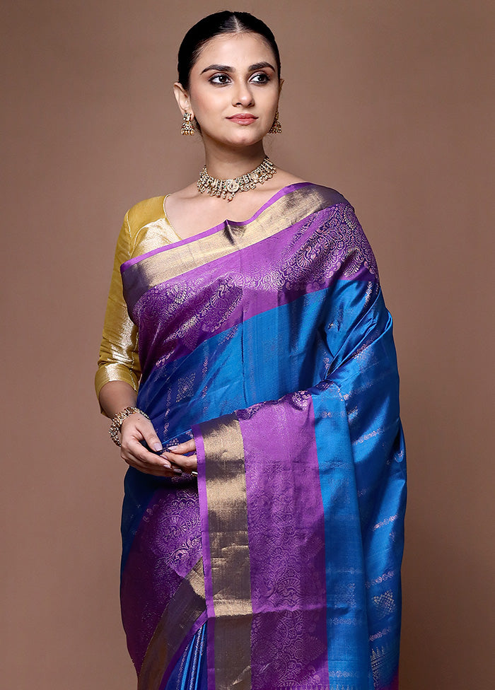 Blue Handloom Kanchipuram Pure Silk Saree With Blouse Piece Outlet Looking For