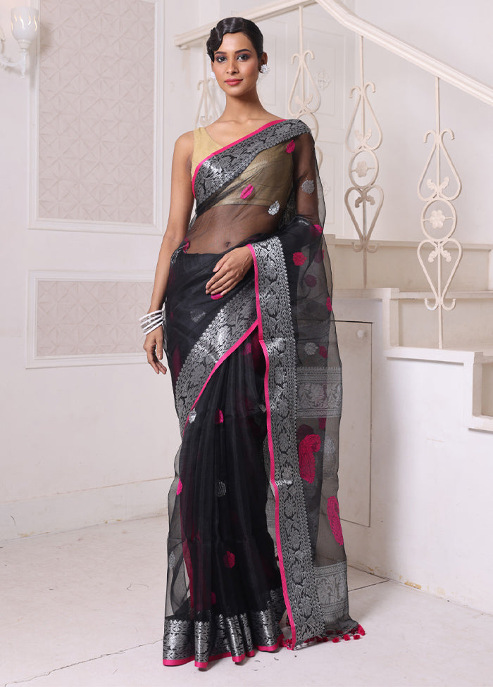 Black Spun Silk Saree With Blouse Piece Shop Sale Online