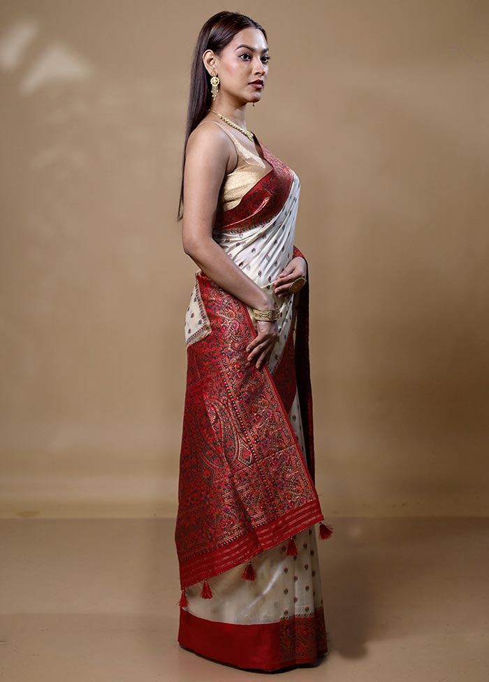 Cream Dupion Silk Saree With Blouse Piece For Sale