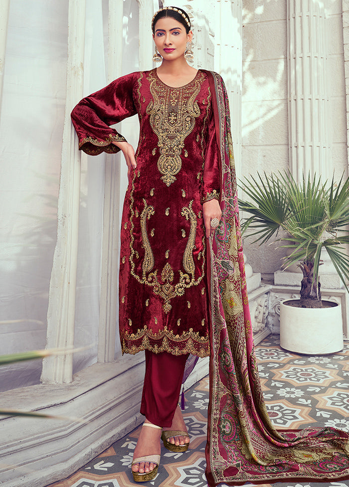 3 Pc Maroon Unstitched Velvet Suit Set Clearance Marketable