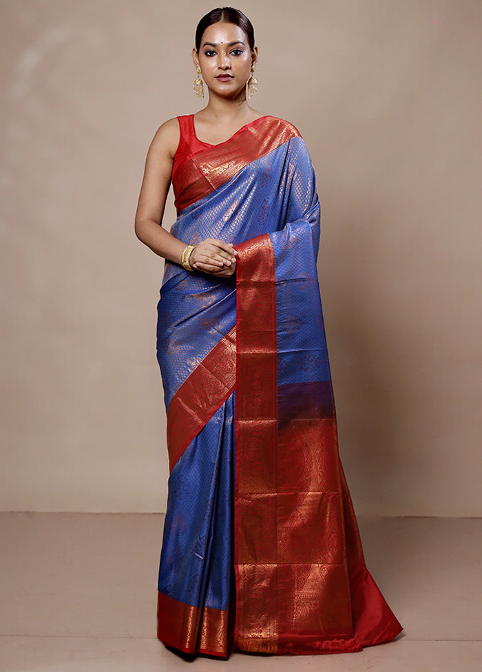 Blue Kanjivaram Silk Saree With Blouse Piece Websites Online