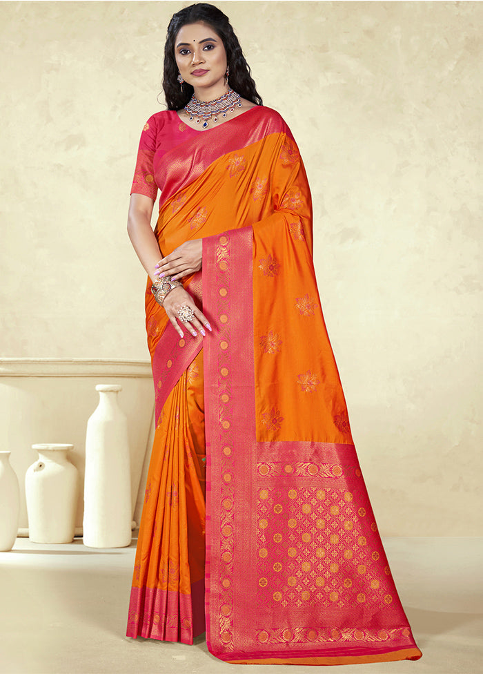 Orange Dupion Silk Saree With Blouse Piece Clearance 100% Guaranteed