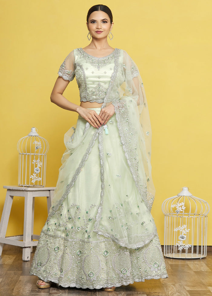 3 Pc Sea Green Silk Semi Stitched Lehenga Set 2025 New Cheap Pice