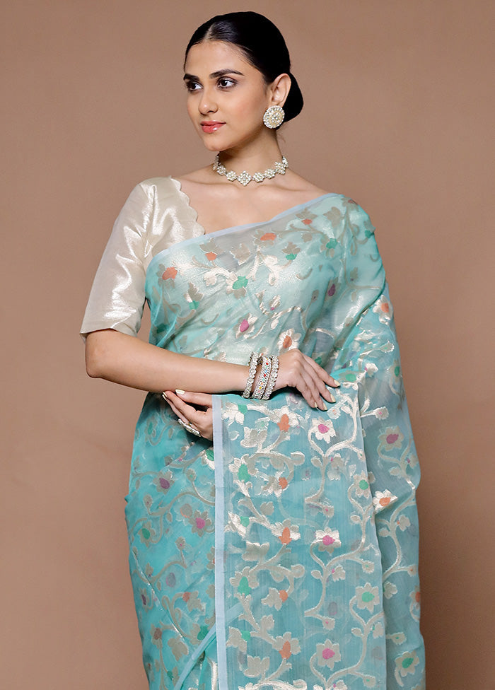 Blue Organza Saree With Blouse Piece Free Shipping In China