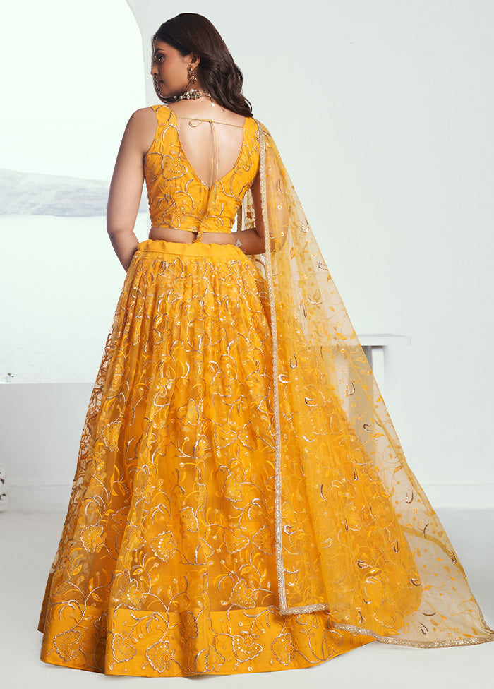 3 Pc Yellow Net Semi Stitched Lehenga Set Outlet Good Selling