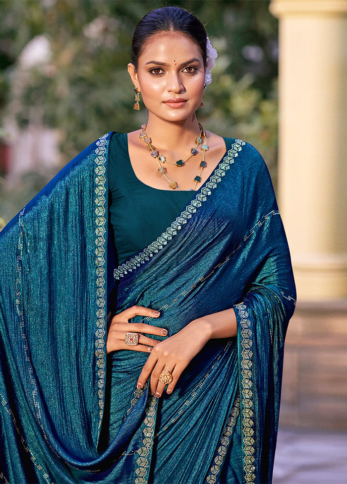 Teal Chiffon Silk Saree With Blouse Piece Sale Outlet