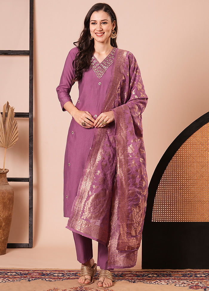 3 Pc Mauve Readymade Chanderi Dupatta Suit Set With Paypal Low Pice